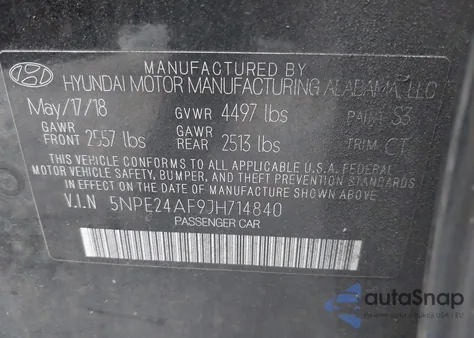 2018 Hyundai Sonata Se z USA, uszkodzony, nr VIN 5NPE24AF9JH714840